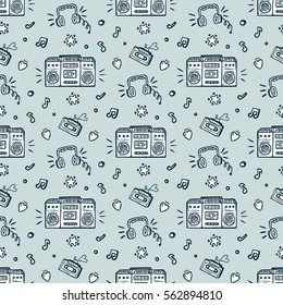 Music background. Seamless pattern with Hand drawn doodle Retro Musical Equipment.