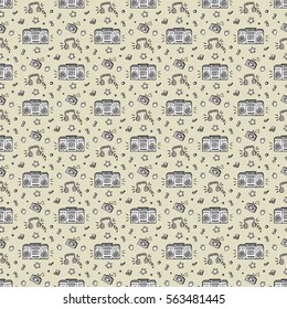 Music background. Seamless pattern with Hand drawn doodle Retro Musical Equipment.