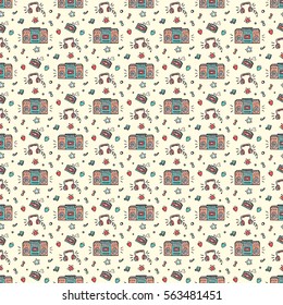 Music background. Seamless pattern with Hand drawn doodle Retro Musical Equipment.