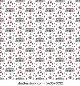 Music background. Seamless pattern with Hand drawn doodle Retro Musical Equipment.