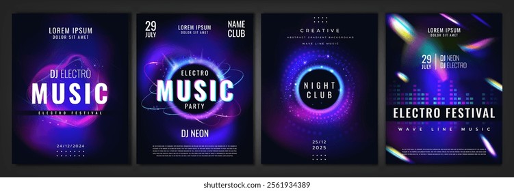 Music background. Sound symbol, light effect. Invitation neon party. Futuristic poster collection. Design flyer glitter night event. Ad musical show. Night club greeting on party. Vector sparkle set