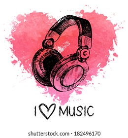 Music background with splash watercolor heart and sketch headphones. Hand drawn illustration