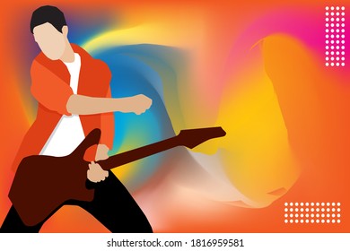 Music background template with using design of Guitarist in action with playing his guitar