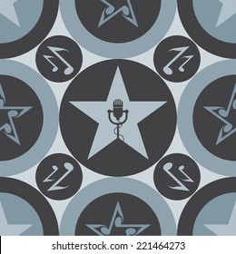Music background. Vector seamless pattern with microphone, notes and stars