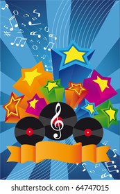 Music background: vinil, notes, stars