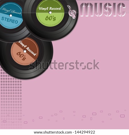 Music background with vinyl records and thin stripes and the text music written with pink letters