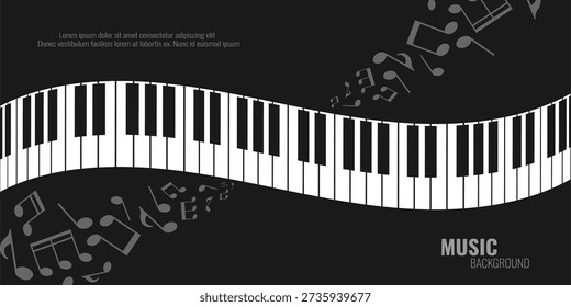 Music background with wavy piano keys and music notes. Vector illustration