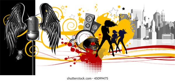 Musik-Hintergrund.Tanzende Menschen. Alle Elemente und Texturen sind einzelne Objekte. Vektorbilder skalieren auf jede beliebige Größe.