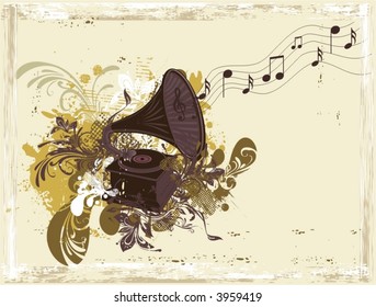 music background-retro gramophone on eroded grunge paper & floral ornaments,vector illustration