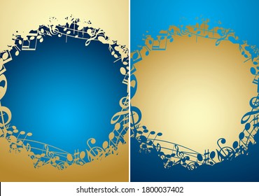 music backgrounds with musical notes and gradient - vector golden and blue frames