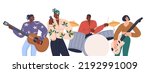 Music band, African-American singer with microphone, musicians playing instruments, drum, guitar. Black people stars group performing. Flat graphic vector illustration isolated on white background