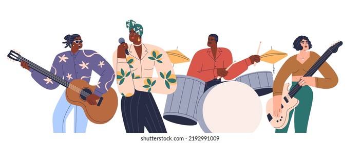 Music band, African-American singer with microphone, musicians playing instruments, drum, guitar. Black people stars group performing. Flat graphic vector illustration isolated on white background