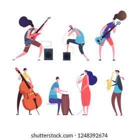 Music band. Cartoon musicians, punk guys with musical instruments playing rock music on stage vector set isolated