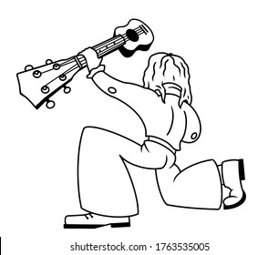 Music band character. A comic characteristic image of a member of a rock band. A solo guitarist, frontman in a 70s costume stands kneeling and holds the guitar over his head in his outstretched arm.