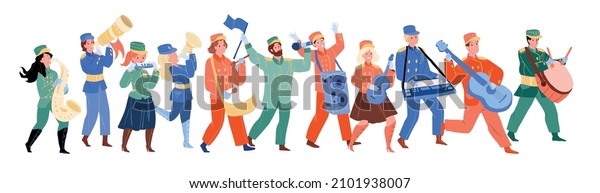 Music band characters\
playing different musical instrument moving in row. Flat hand drawn\
people in costume uniform participating in parade isolated on white\
background