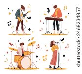 Music band characters. Rock group musicians singing and playing at instrument performing stage vector background. Rock concert, musical band, musician group performance vector illustration set.