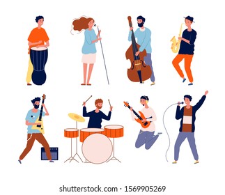 Music band characters. Rock group musicians singing and playing at instrument performing stage vector background