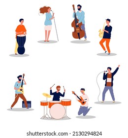 Personajes de la banda de música rock músicos de grupos que cantan instrumentos interpretando escenarios de música de bandas de rock vectorial de banda musical de grupos de artistas vector ilustración de performance.