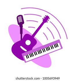 Music band concept vector illustration in trendy violet ultraviolet colors. Simple stylish flat icon of microphone guitar piano with soundwaves on white background. Logo for party club restaurant cafe