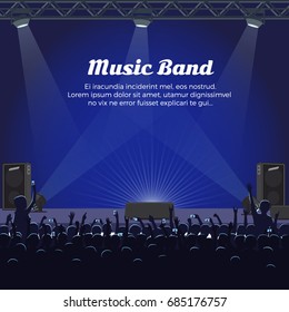Music band concert at big stage with spotlights, powerful sneakers and audience room with people who raise hands and cellphones vector illustration.