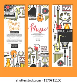 Music band concert musical instruments banners show vector saxophone and piano vinyl disc drum and guitar microphone and flute harp and maracas tambourine live sound melody and song performance.