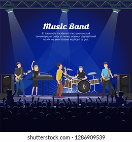 Music band concert of people playing on instruments vector. Drummer and electric guitar player, bass and piano accompaniment. Vocalist singing for crowd