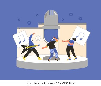 Music band contest or show. Three artists performing on a stage with huge microphone. rock musicians singing and playing guitar. Pop trio concert. Two vocalists and guitarist. Vector flat illustration