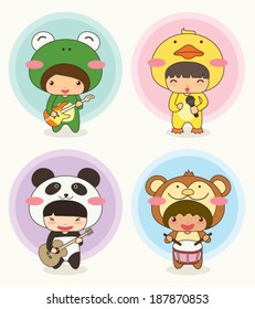 Music Band, Cute Character with Animal Costume : Frog, Duck, Panda and Monkey