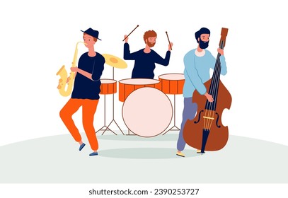 Music band. Drummer saxophonist and guitarist. Vector stylized characters