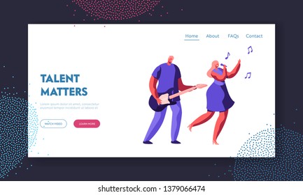 Music Band Duet Performing on Stage. Young Rock Guitar Player Accompany to Singing Girl during Entertainment or Talent Show. Website Landing Page, Web Page Cartoon Flat Vector Illustration, Banner