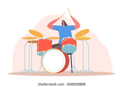 Music Band Entertainment Show. Excited Drummer Playing Hard Rock Music with Sticks on Drums. Talented Musician Character Performing on Stage with Percussion Instrument. Cartoon Vector Illustration