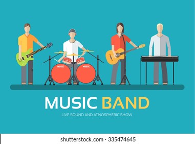 Music Band In Flat Design Background Concept. Melodic Musical Concert Quartet Of Musicians. Icons For Your Product Or Illustration, Web And Mobile Applications