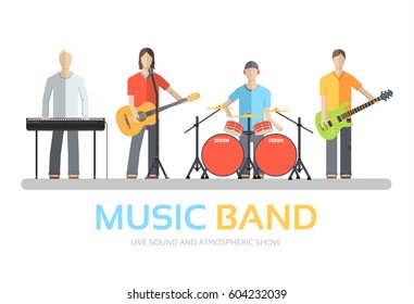 Music band in flat design background concept. Melodic musical concert quartet of musicians. Icons for your product or illustration, web and mobile applications