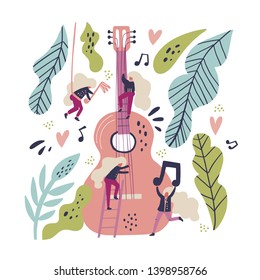 Music band flat hand drawn vector illustration. Tiny blonde musicians playing guitar cartoon characters. Musical instrument, plant leaves, female guitarists scandinavian style clipart. Music concert