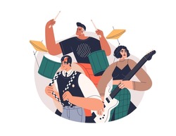 Music Band Group With Young Modern Musicians Performing Punk Rock. Men And Woman Characters Stars Trio Playing Drum, Guitar Instruments. Flat Vector Illustration Isolated On White Background