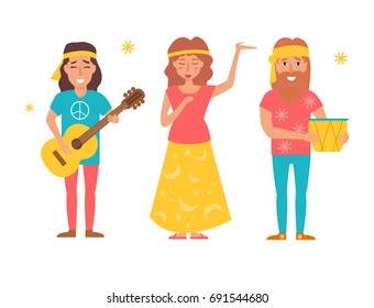 Music Band Hippie. Vector. Cartoon. Isolated Art On White Background. Flat