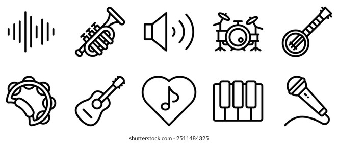 Music Band Icon Set Rhythmic Line Style Collection for Musical Performers