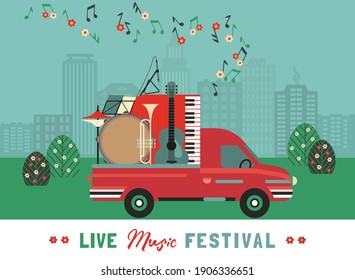 Music Band Instruments Moving by Pickup Truck Flat color vector illustration. Live Music Outdoor Festival Poster Template. Spring Summer Musical performance background. Live sound entertainment flyer