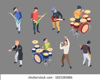 Music band. Isometric characters musicians singers with microphone rock band music instruments vector people illustrations