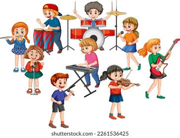 Music band kids cartoon illustration