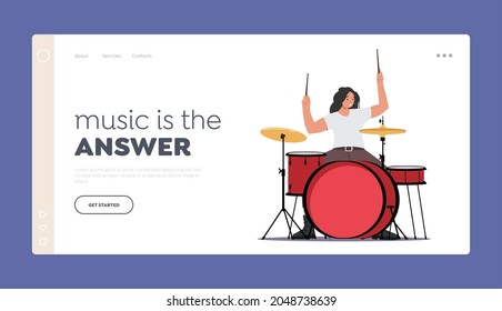 Music Band Landing Page Template. Excited Drummer Playing Hard Rock Music with Sticks on Drums. Talented Musician Character Performing on Stage with Percussion Instrument. Cartoon Vector Illustration