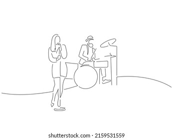 Music band in line art drawing style. Composition of a group of musicians playing. Black linear sketch isolated on white background. Vector illustration design.