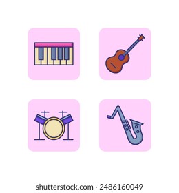 Music band line icon set. Guitar, piano, drums and saxophone. Live music concept. Vector illustration for web design and apps