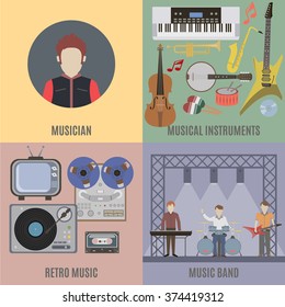 Music band and musical instruments. Flat isolated vector illustration