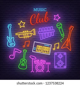 music band neon icons, vector neon glow on dark background