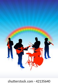 music band on rainbow internet background