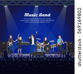 Music band on stage and many spectators underneath it. Singer, two guitar player, one drummer and pianist girl giving a concert huge auditorium. Vector illustration of musical group on stage.