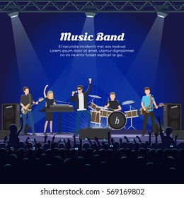 Music band on stage and many spectators underneath it. Singer, two guitar player, one drummer and pianist girl giving a concert huge auditorium. Vector illustration of musical group on stage.