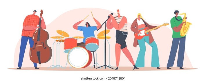 Music Band on Stage. Performing Rock Concert on Scene. Artists Characters with Musical Instruments Singing Rock Song, Guitar, Contrabass and Sax Player Accompany. Cartoon People Vector Illustration