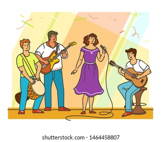 Music band on the stage with various musical instruments and woman singer. Vector illustration.